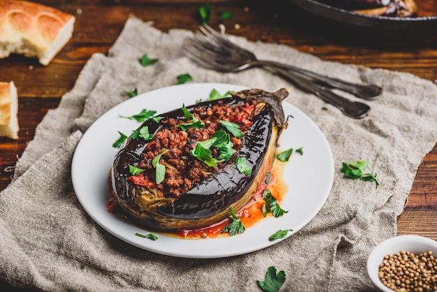 Eggplant stuffed with ground beef and tomatoes