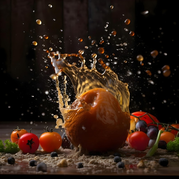 Eggplant with apricot on a black background with splashes of water