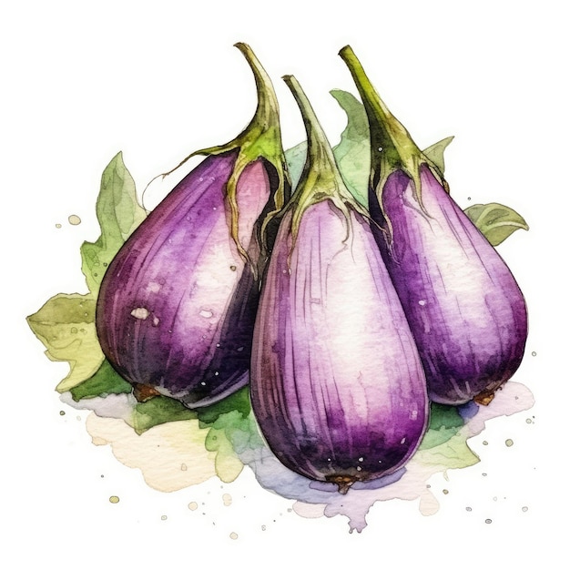 Eggplants in watercolor style with ink outline on white background generative AI