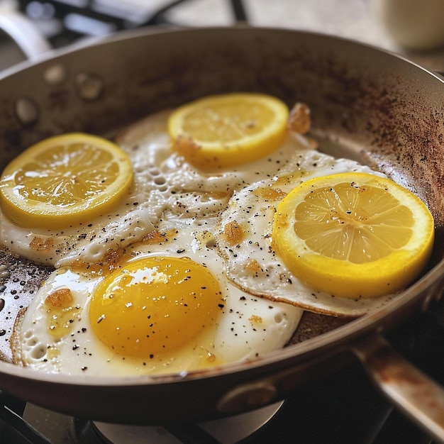 eggs are being cooked in a pan with lemon slices