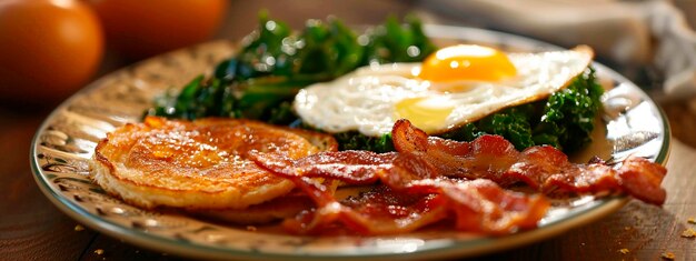 Photo eggs and bacon on a plate selective focus