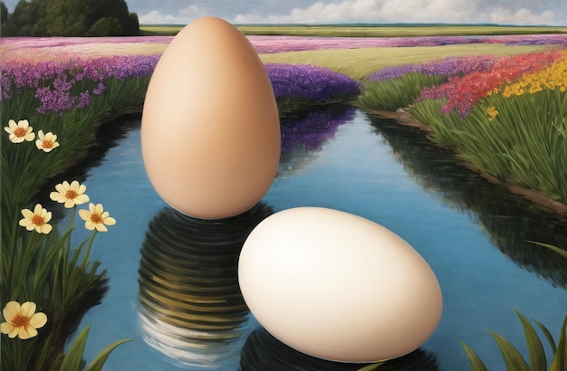 Eggs in beautiful Nature Landscapes Easter Eggs hunt theme Farm eggs AI Generated