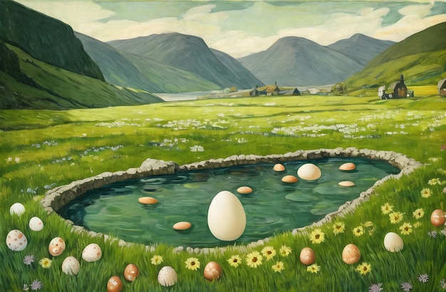 Eggs in beautiful Nature Landscapes Easter Eggs hunt theme Farm eggs AI Generated