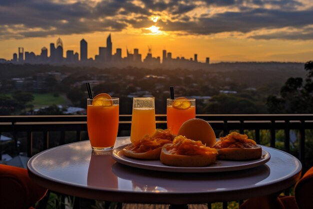 Eggs Benedict on a chic rooftop terrace with a city skyline backdrop