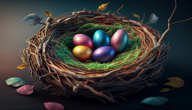 Eggs in bird nest on dark background Generative AI