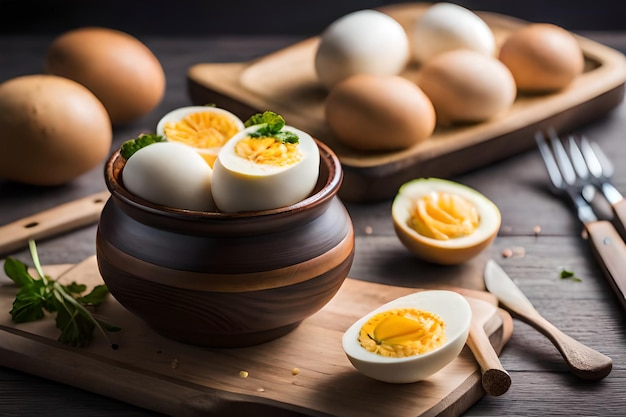 eggs in a bowl with a knife on a cutting board