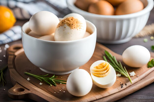 eggs in a bowl with a white bowl on a wooden board