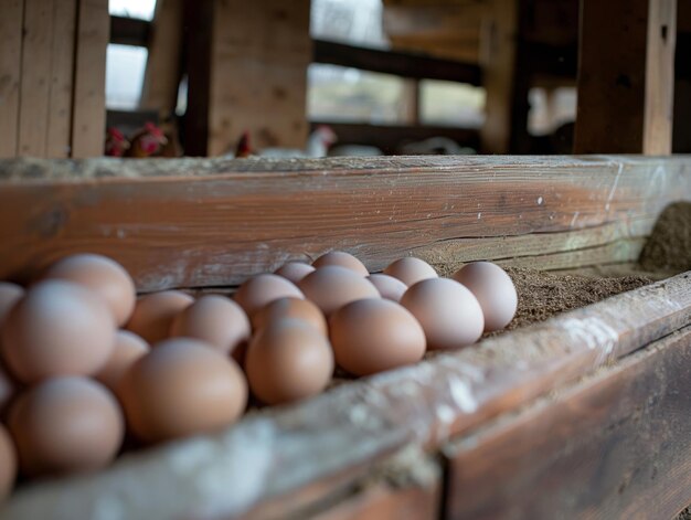 Photo eggs at a chicken coop in a group of chickens at a bio farm