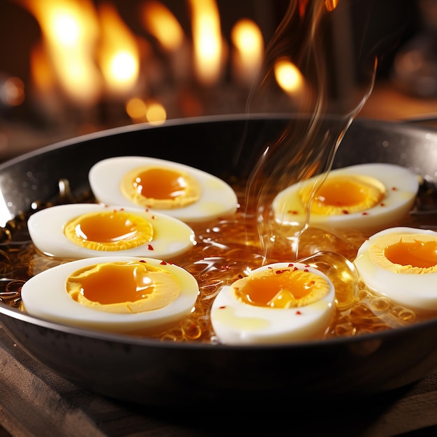 Photo eggs cooking on a pan with a fire in the background