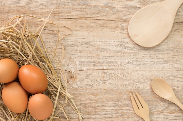 Eggs for cooking on wood  top view.Flat lay.