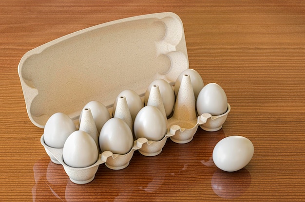 Eggs in an egg carton on wooden desk 3D rendering