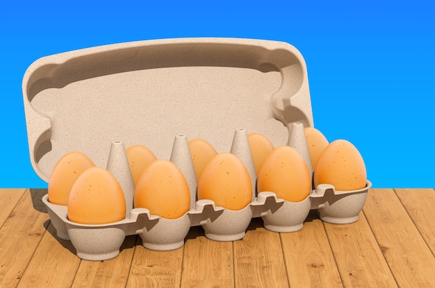 Eggs in an egg carton on the wooden table 3D rendering