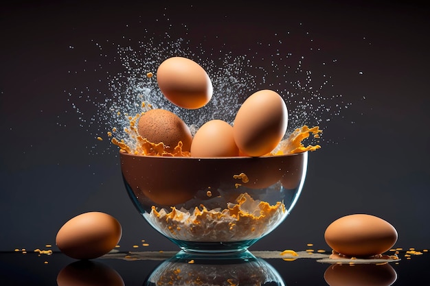 Eggs exploding over glass bowl healthy eating concept created with Generative AI technology