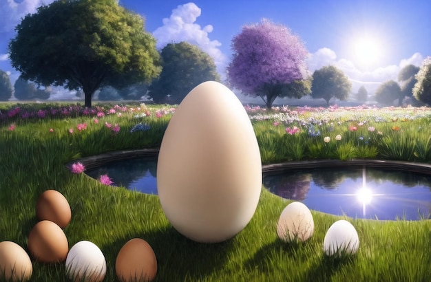 Eggs in farm Landscape background Easter Eggs hunt concept Fresh organic raw eggs AI Generated