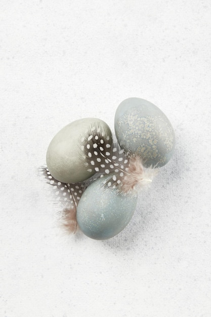 Eggs and feathers on a gray background easter celebration concept