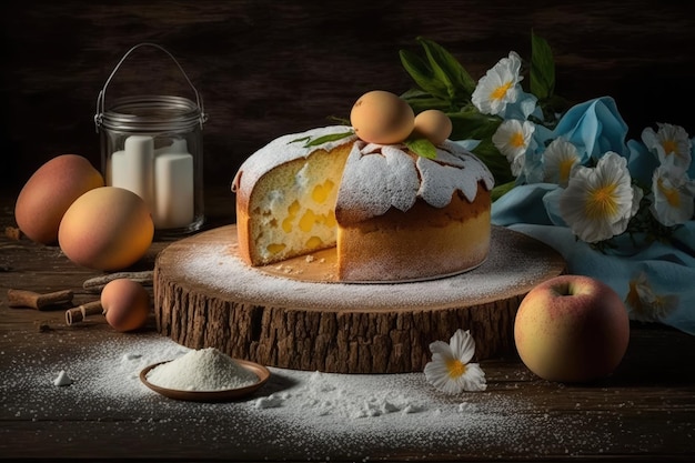 Eggs flour and apples in a soft and tasty sponge cake or chiffon cake on a wooden table Concept of a homemade bakery for the background and wallpaper