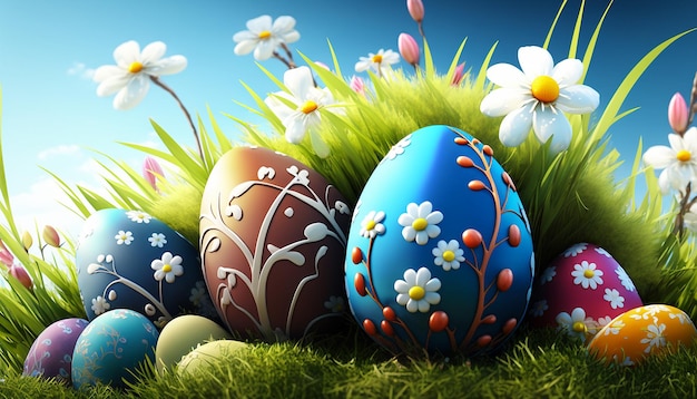 Eggs flowers in the grass beautiful Easter background Generative AI