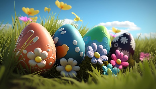 Eggs flowers in the grass beautiful Easter background Generative AI