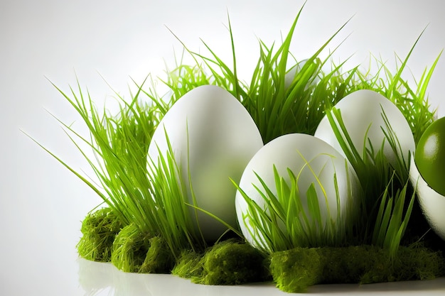 Eggs in green grass on white egg