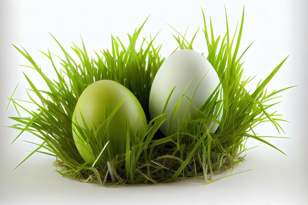 Eggs in green grass on white egg