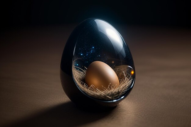 Eggs inside a glass ball on the desktop under natural light closeup creative wallpaper background