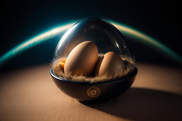 Photo eggs inside a glass ball on the desktop under natural light closeup creative wallpaper background