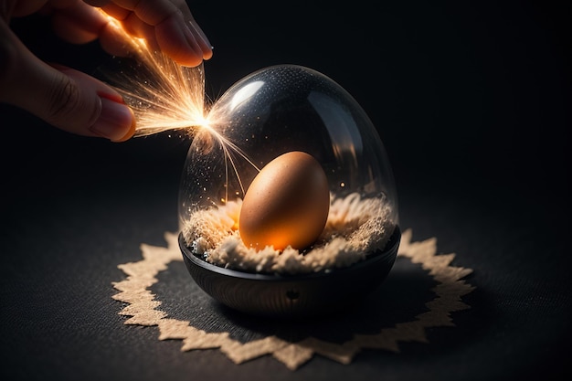 Eggs inside a glass ball on the desktop under natural light closeup creative wallpaper background