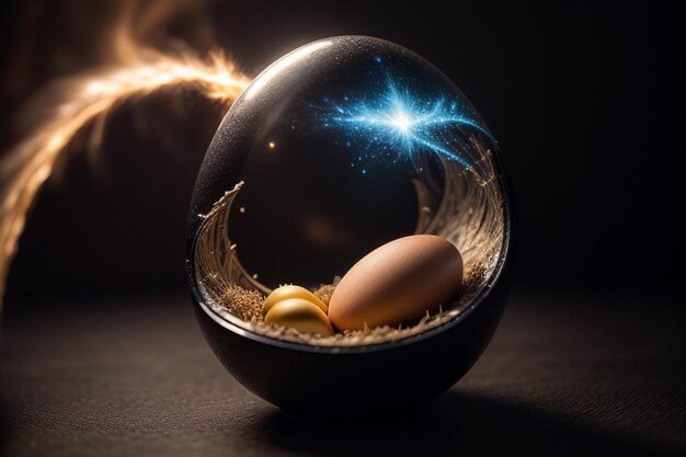 Eggs inside a glass ball on the desktop under natural light closeup creative wallpaper background