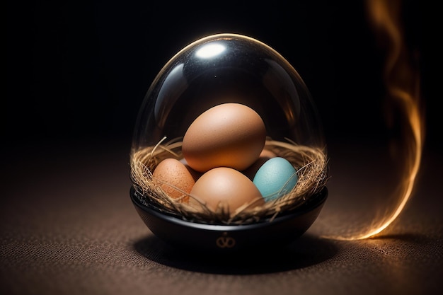 Eggs inside a glass ball on the desktop under natural light closeup creative wallpaper background