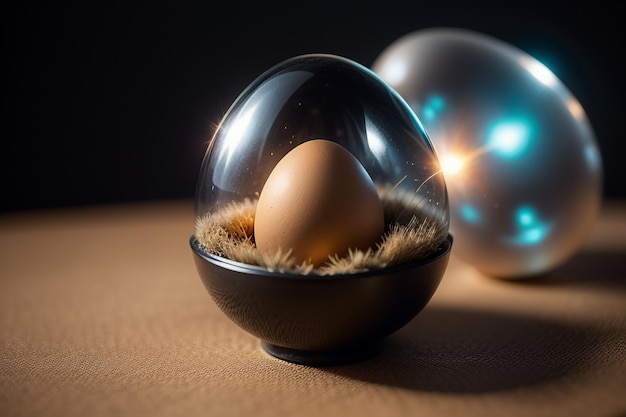 Eggs inside a glass ball on the desktop under natural light closeup creative wallpaper background