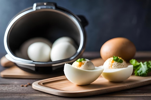 Photo eggs in a pan with a pan of eggs on the table