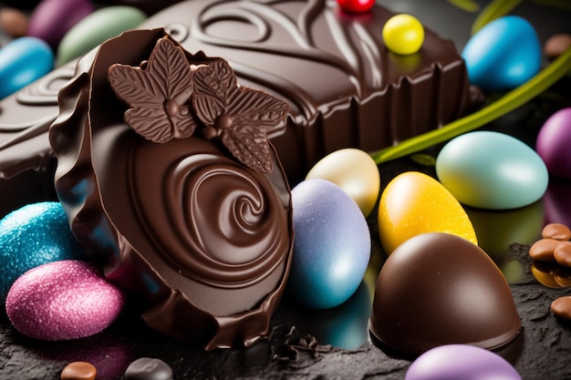 Eggs and pieces of chocolates symbol of Easter Easter is a Christian feast that remembers the crucifixion death and resurrection of Jesus as an act of mercy to redeem humanity