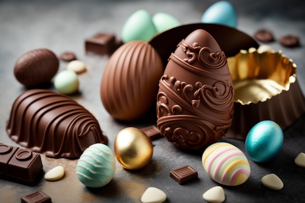 Eggs and pieces of chocolates symbol of Easter Easter is a Christian feast that remembers the crucifixion death and resurrection of Jesus as an act of mercy to redeem humanity