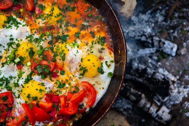 Eggs prepared with vegetables on a frying pan on the fire in the forest