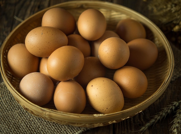 eggs on a rustic background in a wicker bowl