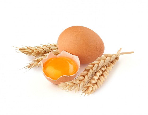 Eggs and spikelets of wheat on the white background