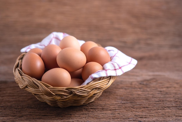 Eggs in wicker baskets on wooden floors, breakfast and health concepts