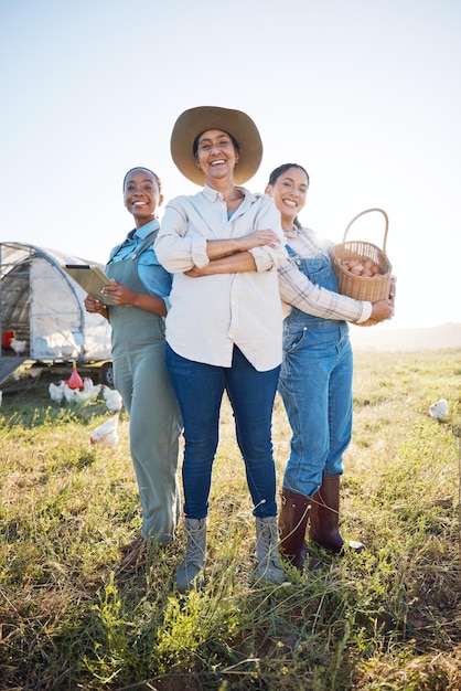 Eggs women and working together on farm with technology for inspection and quality control Farming sustainability and portrait of farmer group with chicken outdoor for teamwork and small business