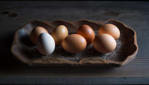 Eggs on a wooden plank Wooden background Generative AI