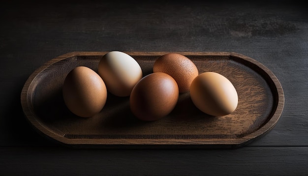 Eggs on a wooden plank Wooden background Generative AI