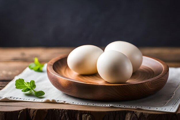 Photo eggs on a wooden plate with a green leafy leaf