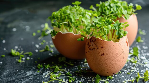 Eggshell planters with green seedlings