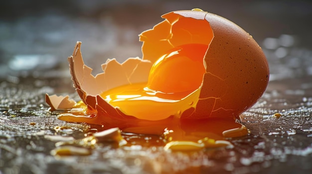 Photo eggshell splitting with yolk and white