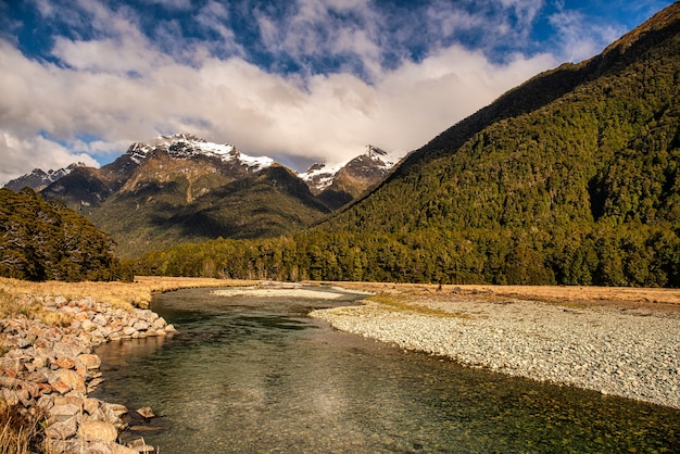 The Eglinton River meandering through the Southern alps in  Fiordland National Park