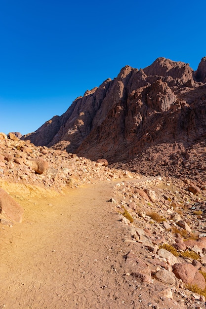 Egypt, trail to Mount Moses on a bright sunny day, mountain view