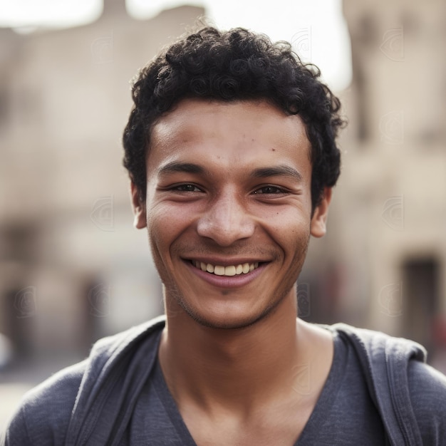 Egyptian arab man portrait with black hair sharp face with building street background