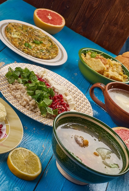 Egyptian cuisine . Traditional assorted Egypt dishes, Top view.