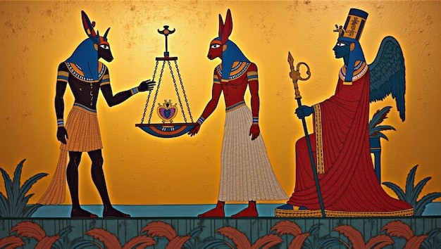 Photo egyptian gods anubis thoth and maat weighing a heart