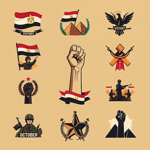 Photo egyptian october victory icons set patriotic and military symbols