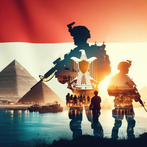 Photo egyptian solider silhouette against the sunrise concept armed forces of egypt with egypt flag